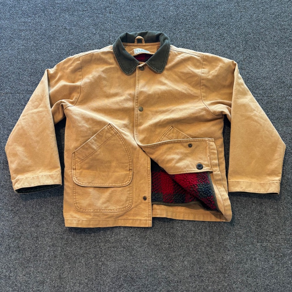 L.L. Bean Kids Field Coat Tan Canvas Plaid Fleece Lined Barn Jacket Boys XL
